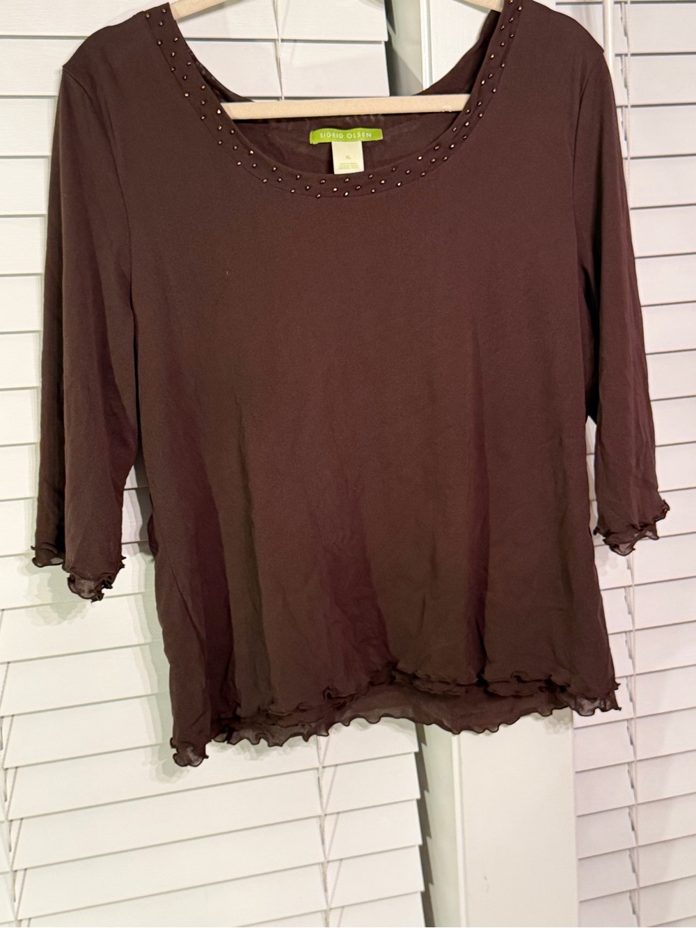 Sigrid Olsen Brown Scoop Neck Beaded 3/4 Sleeve Top